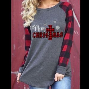 Christmas Shirt with Buffalo Plaid Sleeves